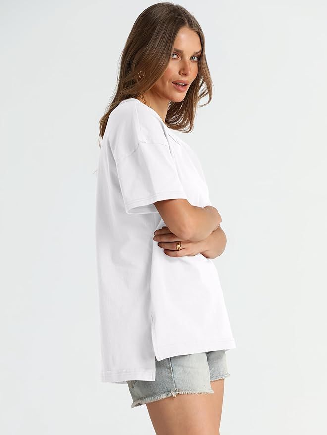 WIHOLL Summer Tops for Women Short Sleeve Cotton T-Shirts Loose Fit Basic Tees Split Hem | Amazon (US)