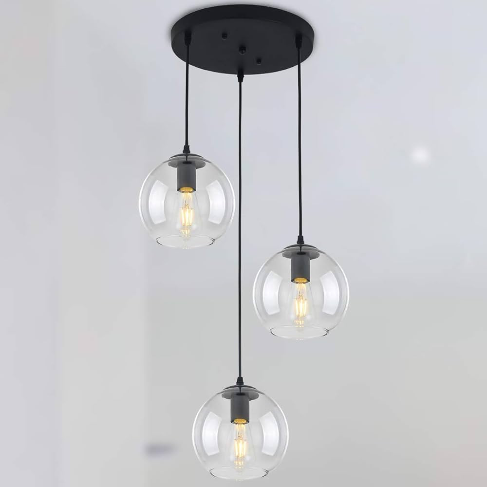 LMSOD 3 Lights Globe Pendant Light, Mid Century Modern Hanging Lighting Fixture, Matte Black Clas... | Amazon (US)