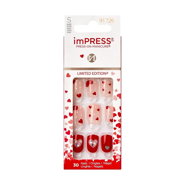imPRESS Valentine Press-On Nails, No Glue Needed, Red, Short Square, 33 Ct. | Walmart (US)