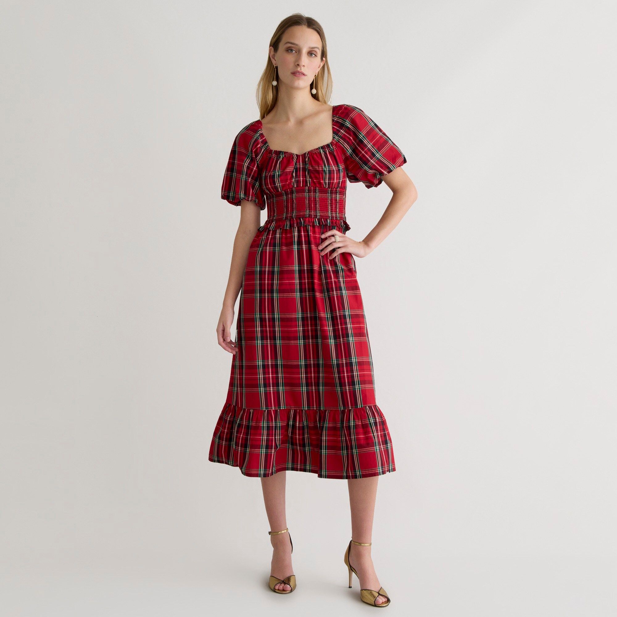 Smocked puff-sleeve cotton poplin midi dress in Good Tidings plaid | J.Crew US