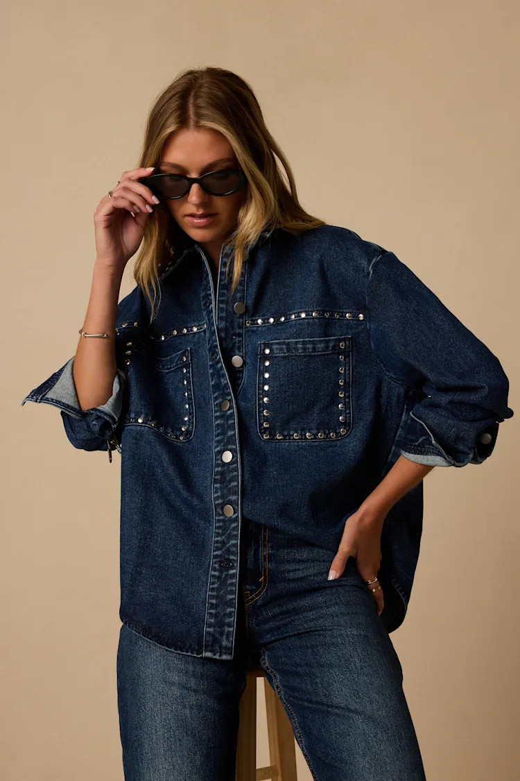 Norton Dark Wash Studded Oversized Denim Jacket | Lulus