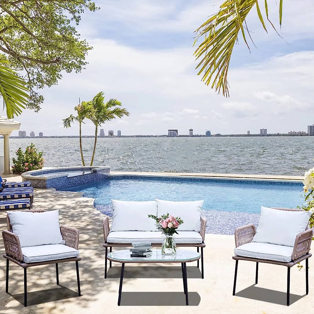 Homsido 4PC Patio Furniture Conversation Set Boho Style,Outdoor Wicker Chairs with White Washable... | Amazon (US)