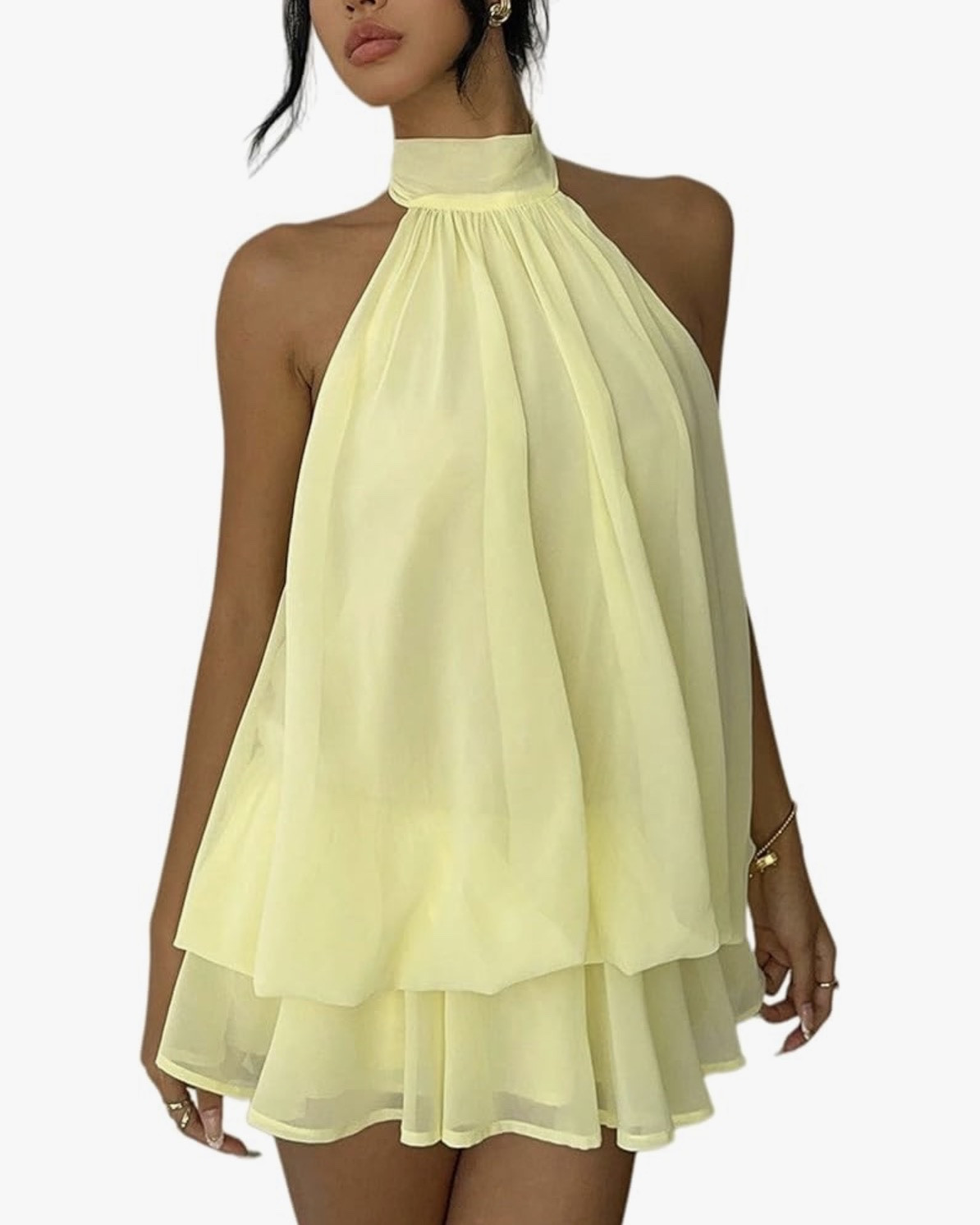 Fabric type Fabric:97% Polyester,3% Spandex
Care instructions Machine Wash
Origin Imported
Closure type Tie
About this item
【Soft and breathable material】Soft chiffon fabric,lightweight,breathable and skin-friendly,keeping you cool and comfortable all day in summer,This Short Dress has airy fabric for a flowy and comfortable fit
【Sexy Chic Style】Halter neck Mini Dress with a sexy backless design and sleeveless cut,Feminine details like tie-back and ruffle hem add an elegant yet playful touch, perfect for both casual and party styling
【Effortless to style】This Y2k Dress is easy to style with high heels,sandals or ankle boots,Pair this mini dress with statement jewelry,handbags or a light jacket to create different looks from casual daytime to chic night out
【Perfect for a variety of occasions】Such as daily wear, parties, night out, clubbing, dating, vacation, beach trips, music festivals and summer events,A versatile Cute Dress for both relaxed and dressy moments
【Care Instructions】Machine Wash Cold, Gentle Cycle,With Like Colors,Non-Chlorine Bleach When Needed,Tumble Dry Low,Remove Promptly,Iron Low,Please refer to our size chart before ordering this Chiffon Dress

#LTKSaleAlert #LTKdayinmylife #LTKU