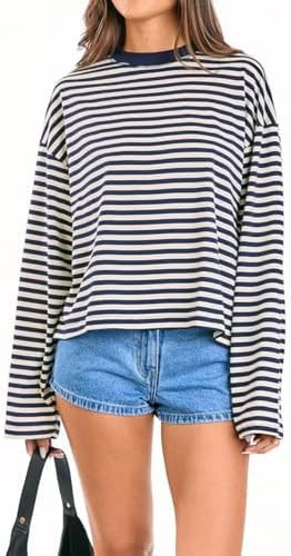 Y2k Womens Striped Cropped Shirt Drop Shoulder Long Sleeve Crewneck Sweatshirt Fairy Grunge Sweat... | Amazon (US)