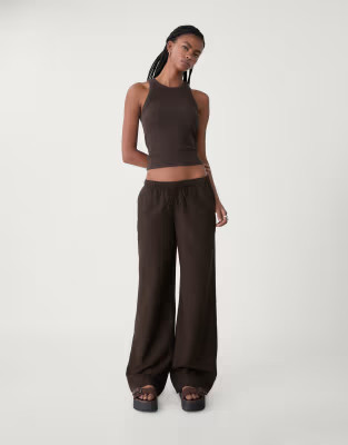 Stradivarius linen blend drawstring trousers in brown | ASOS (Global)