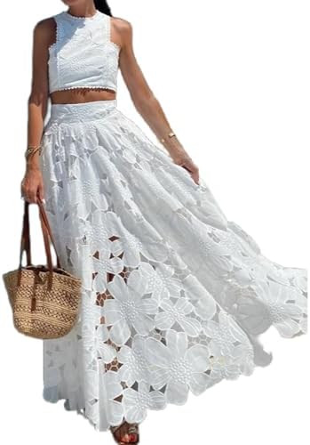 REASERAL Womens Lace Maxi Skirt Outfits Sleeveless Crop Vest Top Sexy Hollow Out Maxi Skirt Beach... | Amazon (US)