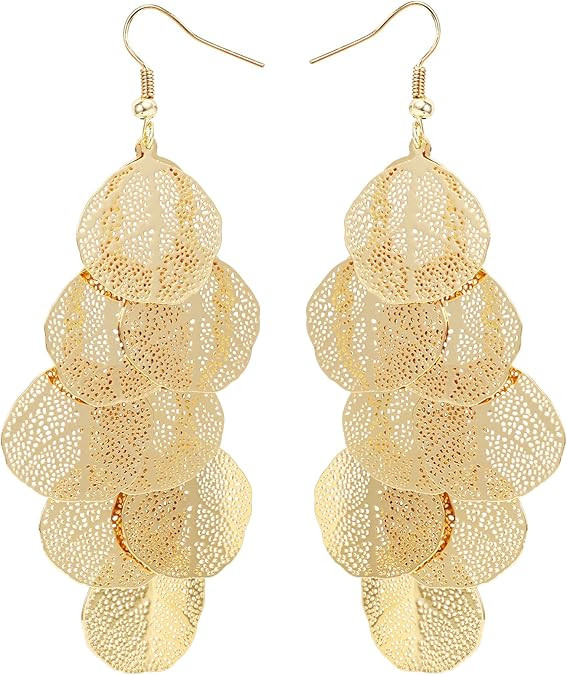 Boho Gold Dangle Earrings for Women Trendy Long Drop Chandelier Bohemian Fligree Leaf Earrings Da... | Amazon (US)