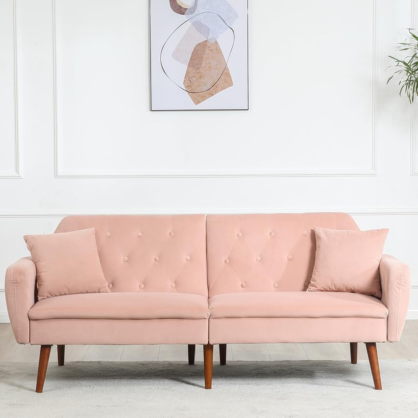 Velvet Futon Sofa Bed with 5 Golden Metal Legs, Sleeper Sofa Couch with Two Pillows, Convertible Lov | Amazon (US)