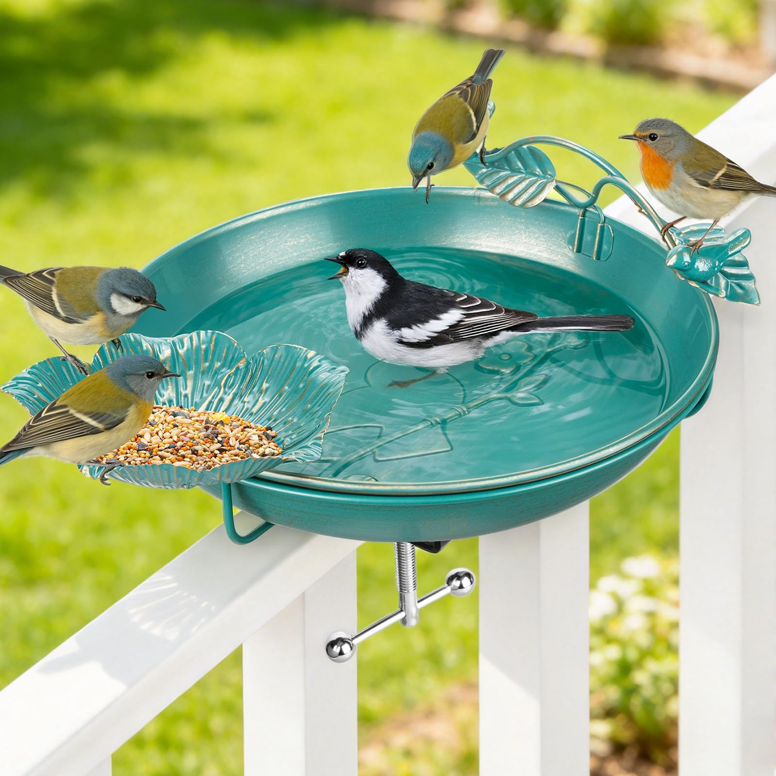 Mellbree Bird Bath Deck Mounted 12", Balcony Fence Railing Clamp Birdbath with Perch & Feeder Bow... | Amazon (US)