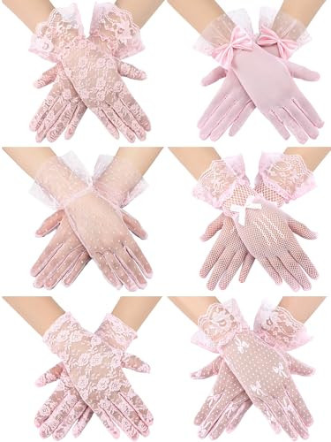 Geyoga 6 Pairs Women Lace Gloves Wedding Tea Party Gloves Elegant Short Novelty Floral Accessories for Funeral Halloween (Pink) | Amazon (US)