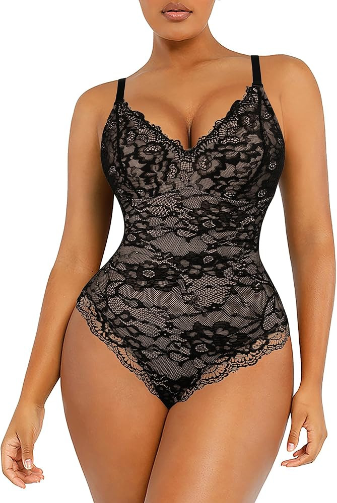 SHAPELLX Lace Bodysuit for Women Tummy Control V Neck Tops Backless Shapewear Sleeveless Tong Bod... | Amazon (US)