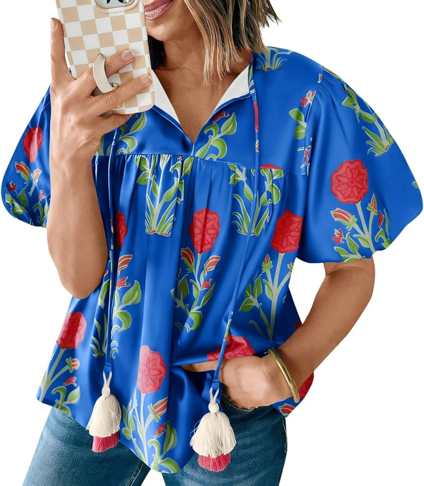 Cicy Bell Womens Boho Floral Blouses Short Puff Sleeve V Neck Babydoll Shirts Flowy Tie Front Top... | Amazon (US)