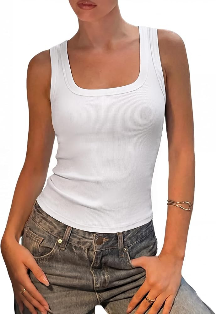 SUUKSESS Womens Padded Cotton Ribbed Tank Tops Square Neck Racerback Basic Tops | Amazon (US)