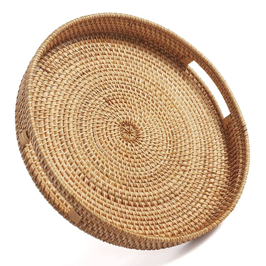 Round Rattan Serving Tray Decorative Woven Ottoman Trays with Handles for Coffee Table Natural (S... | Amazon (US)