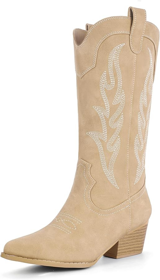 IDIFU IN2 Cowboy Boots for Women Mid Calf Cowgirl Boots Embroidered Western Boots Chunky Low Heel... | Amazon (US)