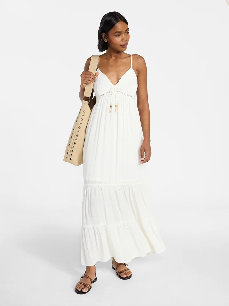 No Boundaries Crochet Lace Trim Tiered Maxi Dress, Women's XXS-XXL | Walmart (US)