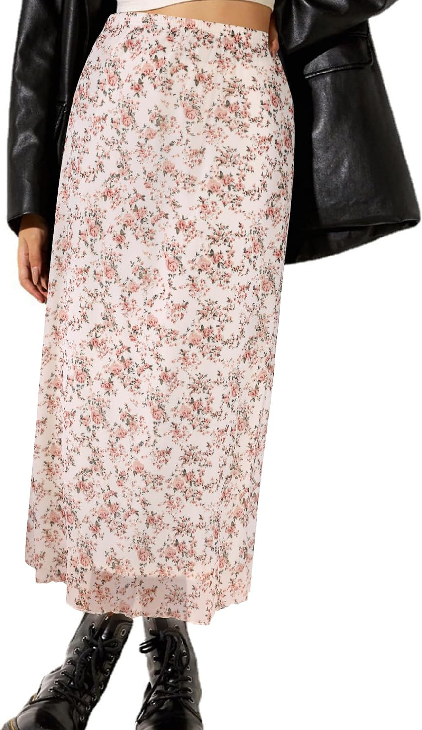Avanova Women Mesh Floral Boho Midi Skirt High Waist Long Skirt | Amazon (US)
