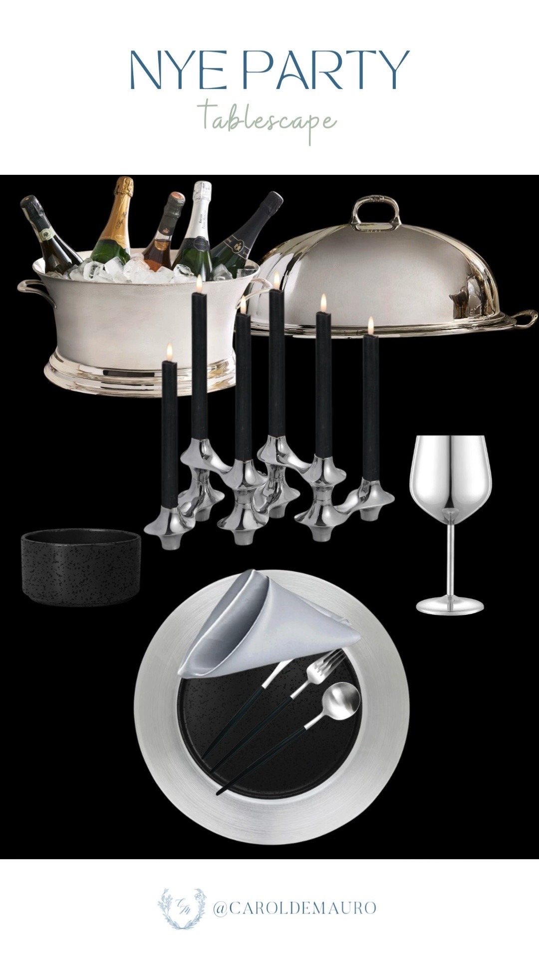 Forget the usual neon confetti and bright party hats because you're going for a much moodier, more modern vibe this New Year's Eve! All you need are silver cloches and tall black candles – you’ll set a sophisticated scene that’s perfectly chilled out and ready for the midnight countdown.

tablescape inspo, hostess life, entertaining at home, table settings, dinnerware, dining room decor, NYE party, all black inspo

#LTKHoliday #LTKSeasonal #LTKHome