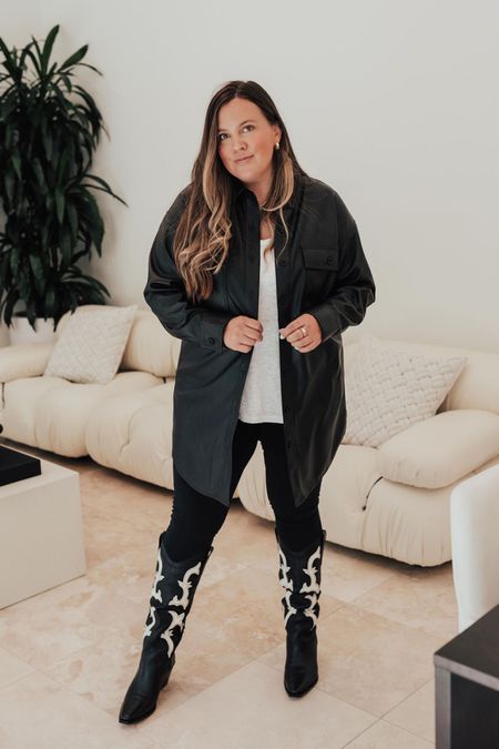 Western inspired Nsale look! I absolutely love these black and white boots. Definitely size up in these! The leather shirt is actually a dress but I prefer it as a shacket  

#LTKxNSale #LTKsalealert