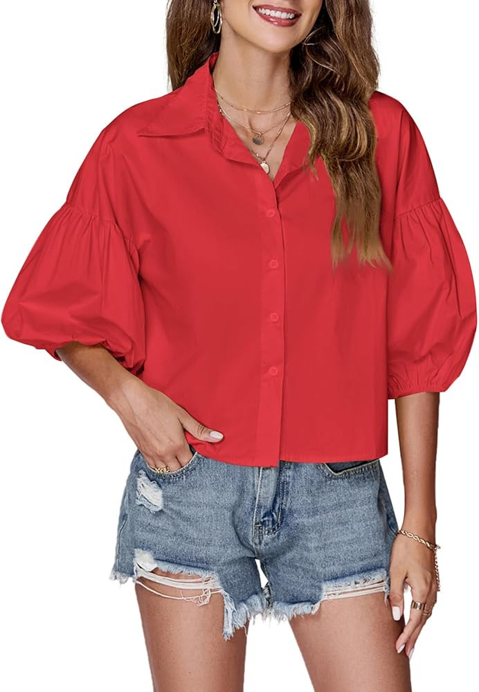 LYANER Women's Collar V Neck Button Down Lantern Short Sleeve Blouse Crop Top Shirt | Amazon (US)