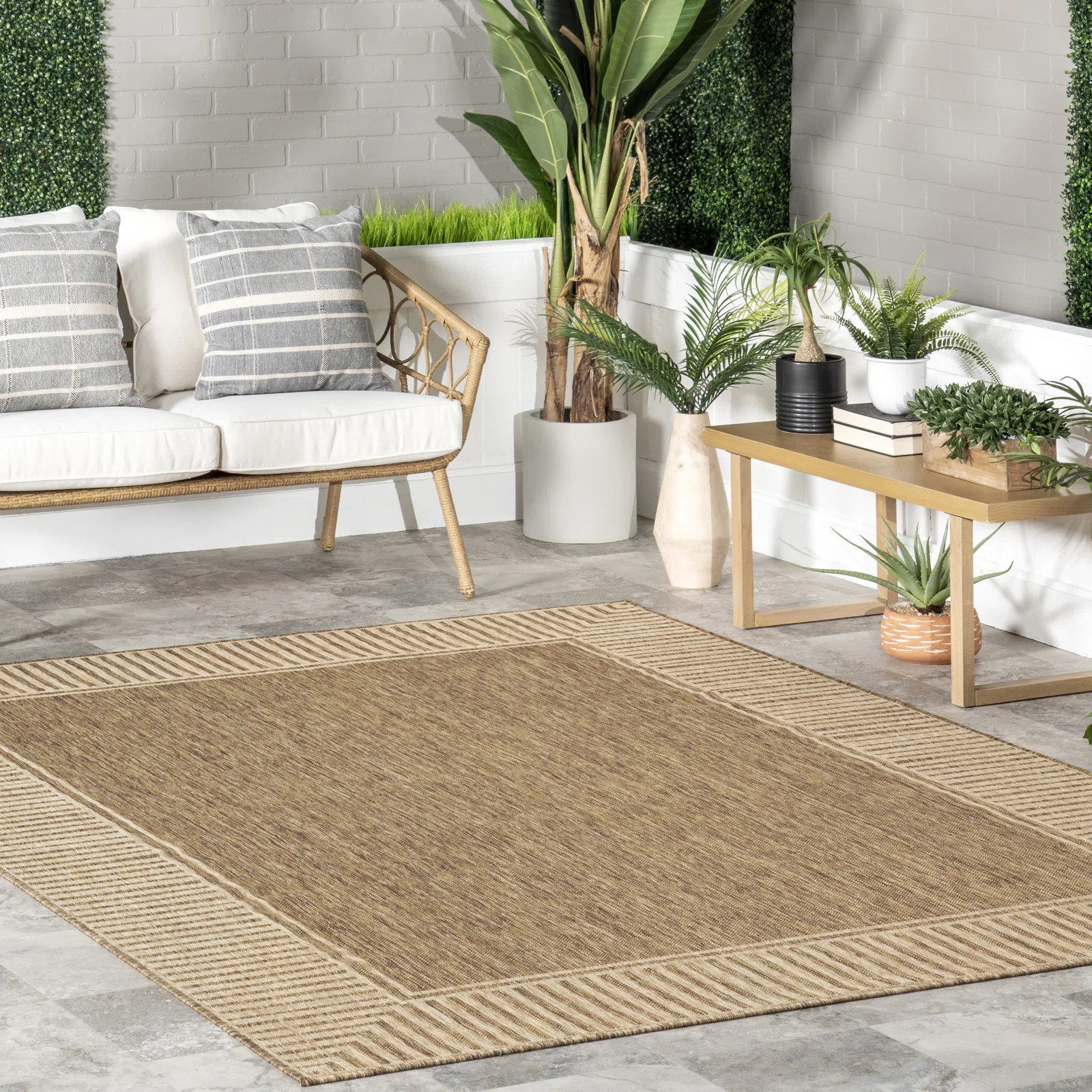Alegre Bordered Power Loomed Tan Indoor/Outdoor Rug | Wayfair North America