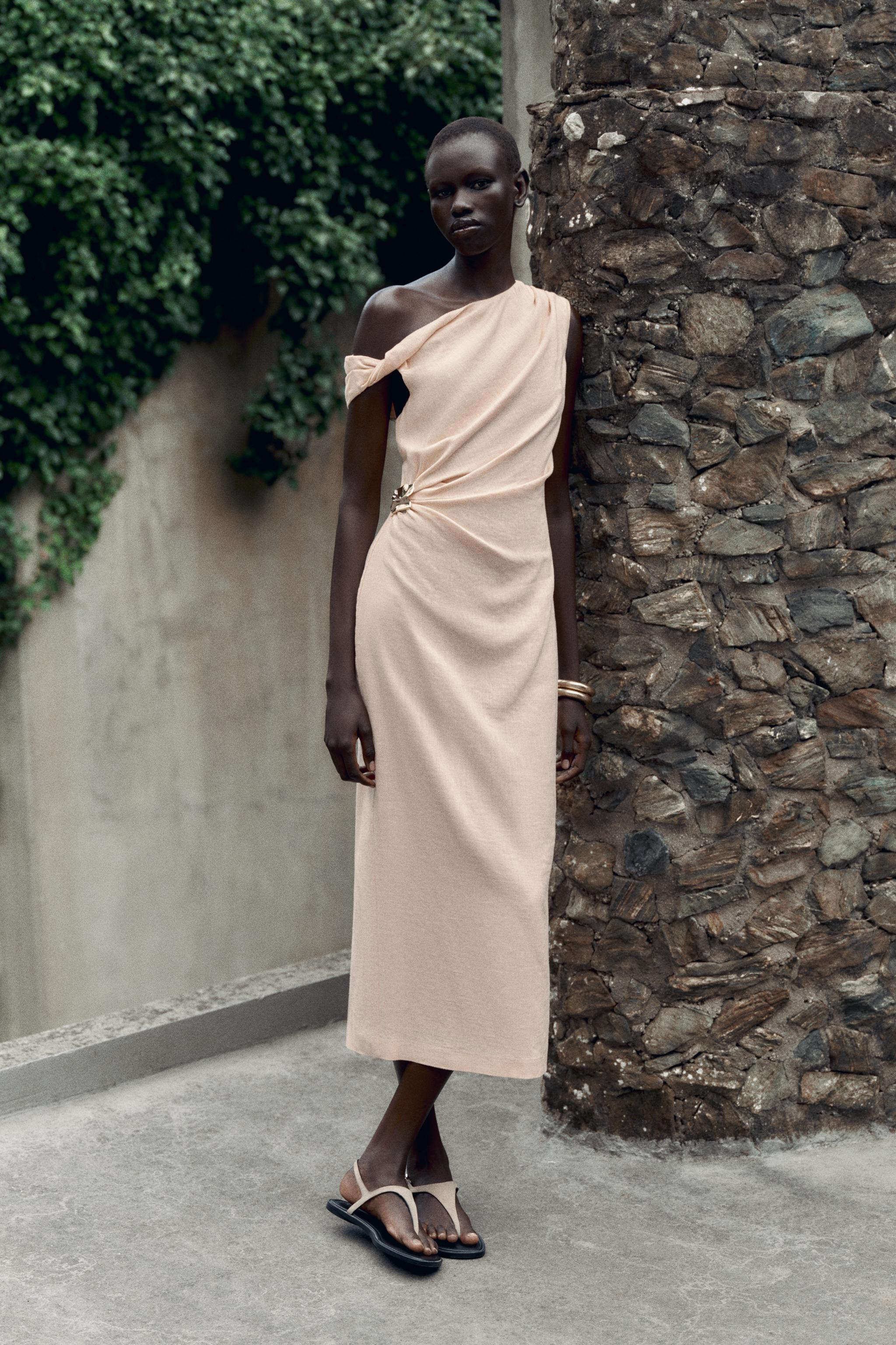 ASYMMETRIC LINEN-BLEND MIDI DRESS WITH APPLIQUÉ | Zara US