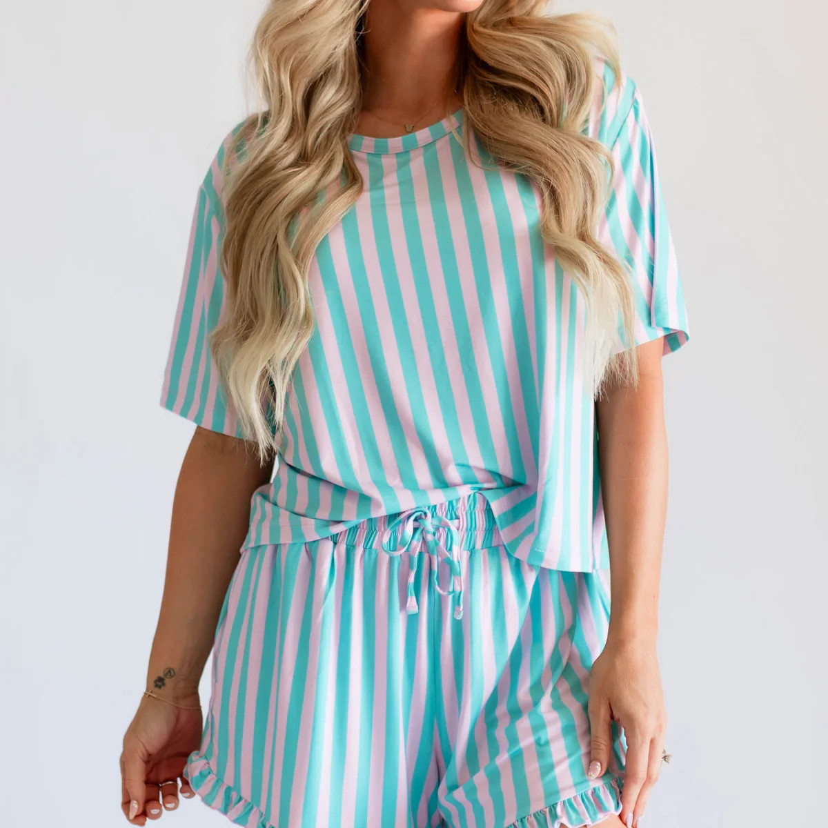 Women's Ruffle Short Set in Cotton Candy Stripes | Silks Design
