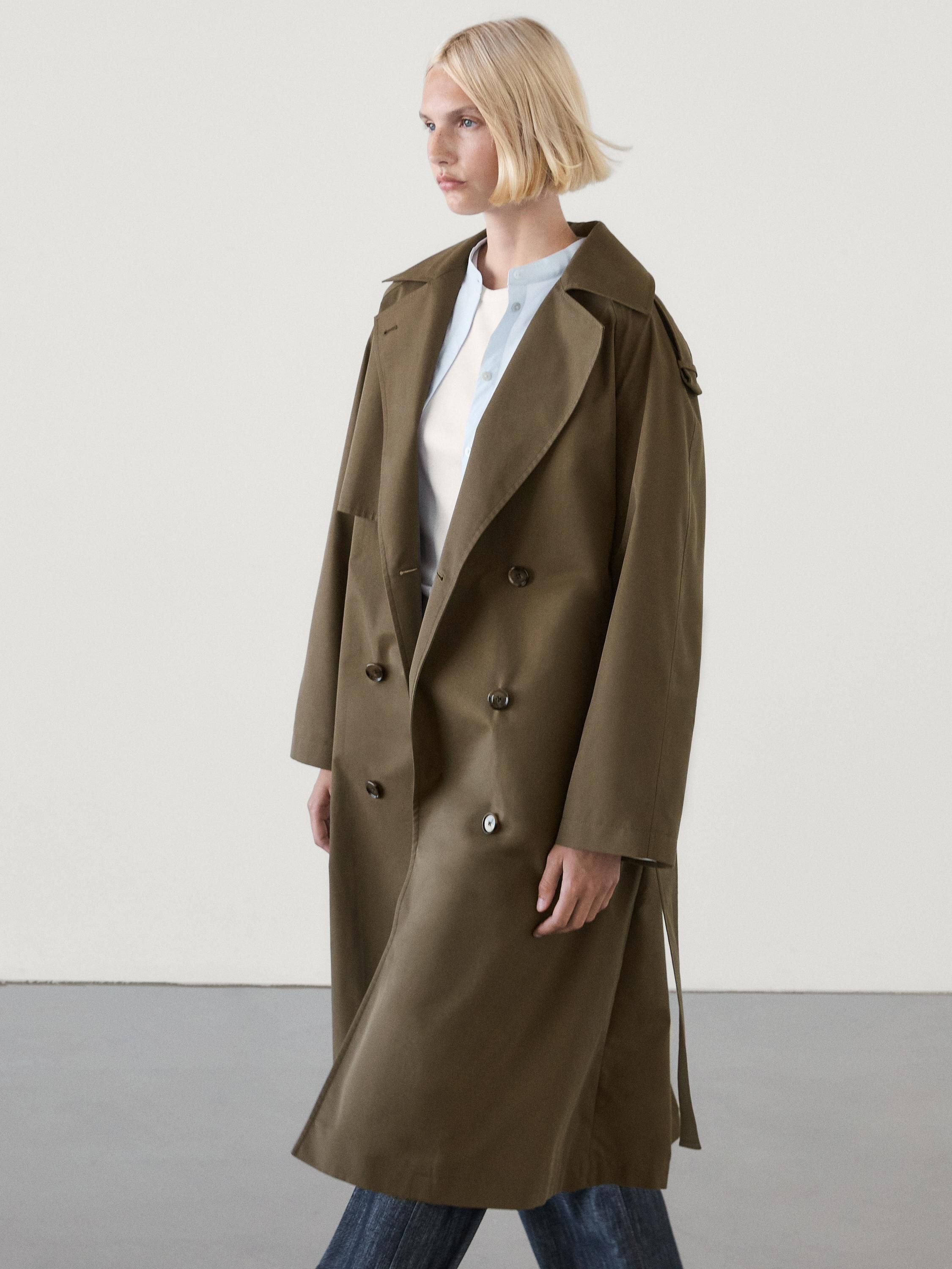 Cotton blend trench coat with shoulder tab detail | Massimo Dutti (US)