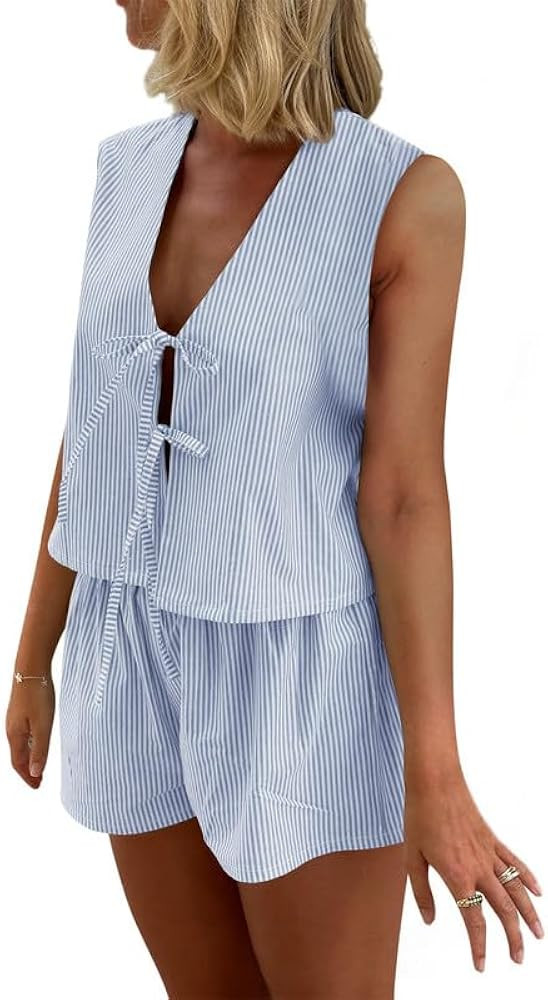 Women Y2k Summer Set 2 Piece Loungewear Set Sleeveless Tie Front Tank Top Vest Baggy Shorts Pj Se... | Amazon (US)