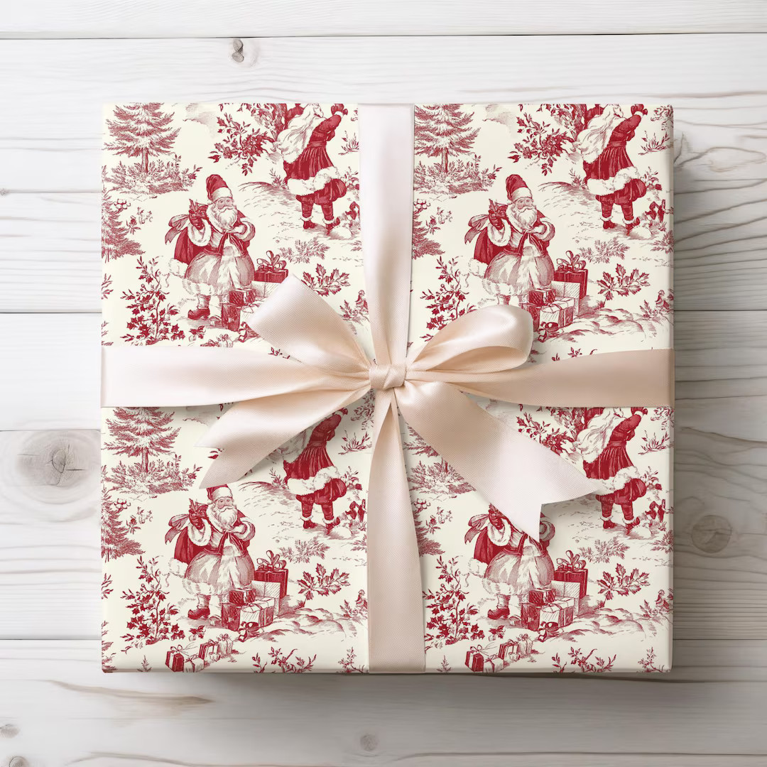 Vintage Christmas Wrapping Paper, Winter Wrapping Paper, Red Toile De Jouy Wrap, Santa Wrapping P... | Etsy (US)