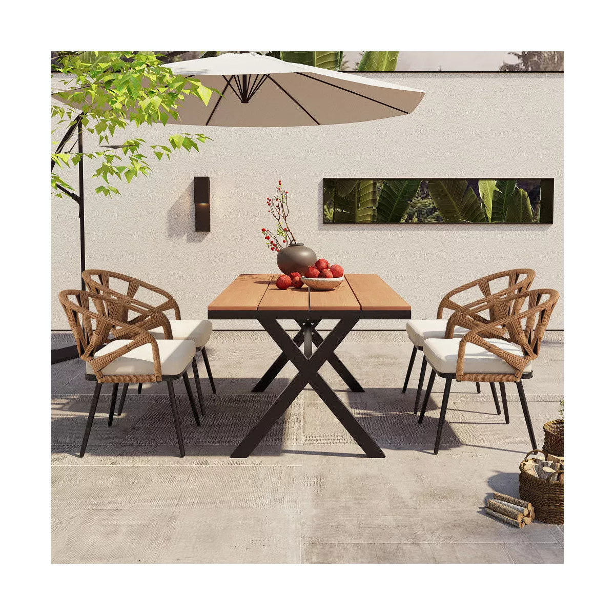 Chic Crate - 5-Piece PE Rattan Patio Set - Waterproof Synthetic Wood Table & Chairs for Outdoor L... | Target