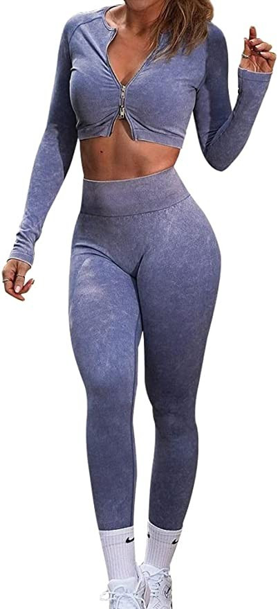 OLCHEE Womens Workout Sets 2 Piece - Seamless Acid Wash Yoga Outfits Shorts and Short Sleeve Crop... | Amazon (US)