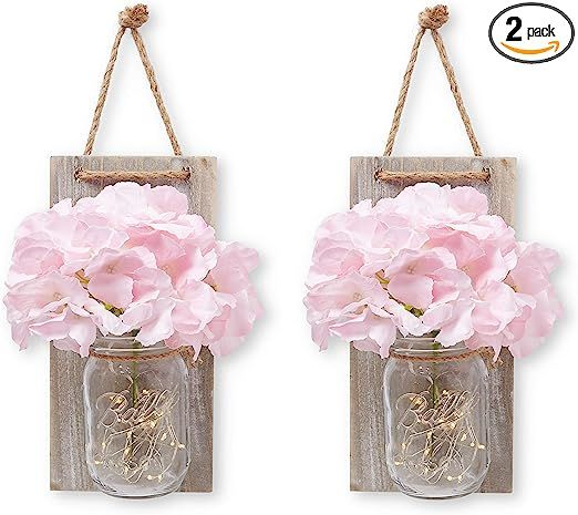 Hanging Mason Jar Wall Decor Sconce with LED Fairy Lights, Rustic Wood with Beautiful Pink and Cr... | Amazon (US)