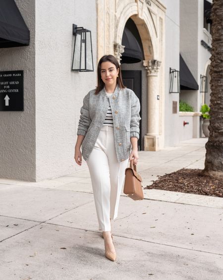 Very chic work outfit idea! Loving this tweed bomber jacket, striped sweater and white pleated pants. Everything is on sale!



#LTKstyletip #LTKfindsunder100 #LTKworkwear