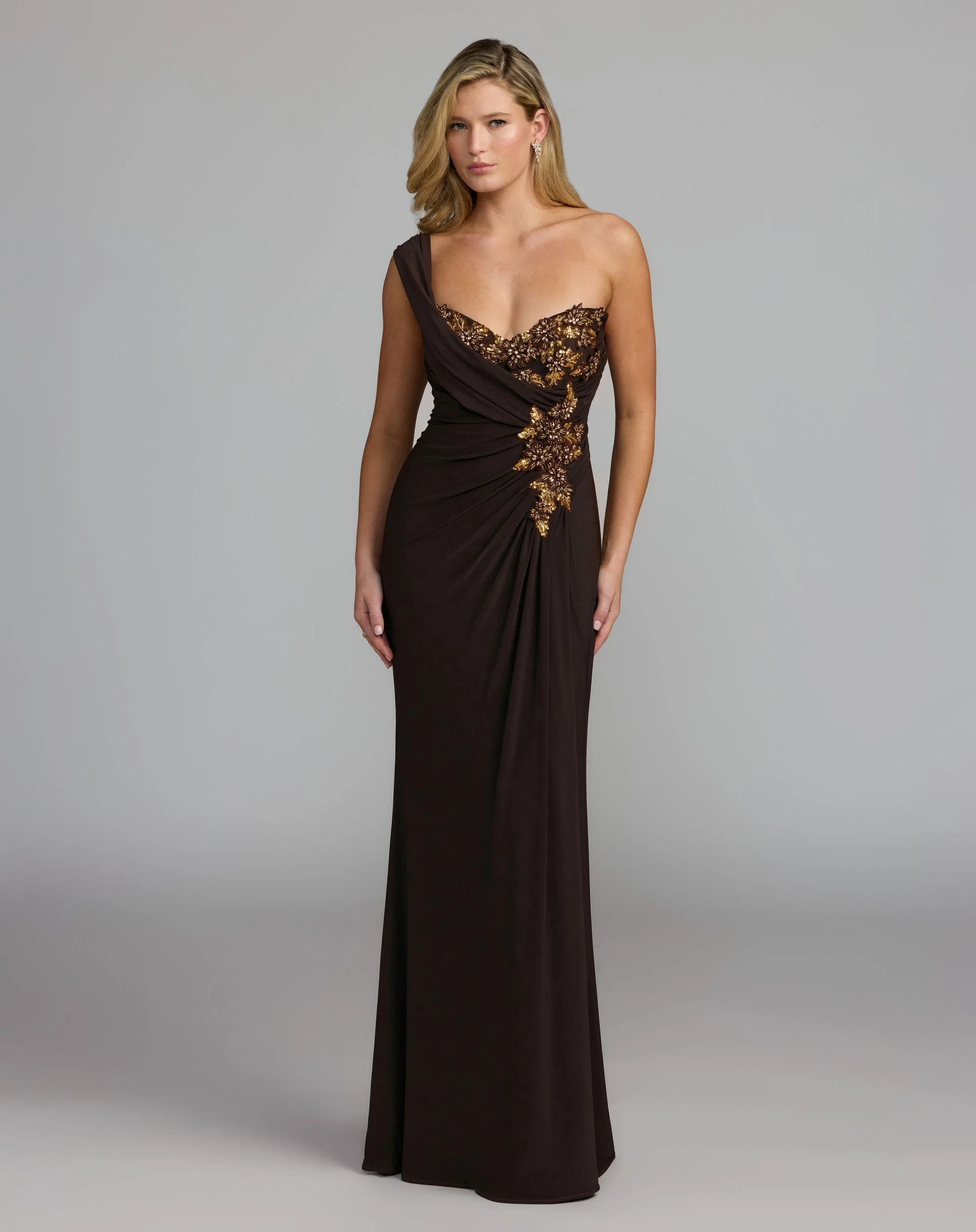 Mac Duggal - Brown One Shoulder Embellished Jersey Gown - Chocolate / US 6 | Mac Duggal