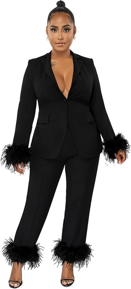 Womens Sexy 2 Pieces Solid Color Button Feather Blazer Suit Pants Set Casual Tracksuit Suits Set | Amazon (US)