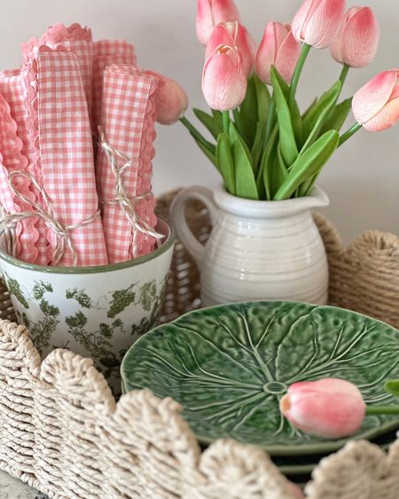 Pretty scalloped tray decorated for spring with tulips and green cabbage ware plates!

#ltkscallopeddecor #ltklettuceware #ltkspring #ltktray #ltkbasket

#LTKstyletip #LTKhome #LTKSeasonal