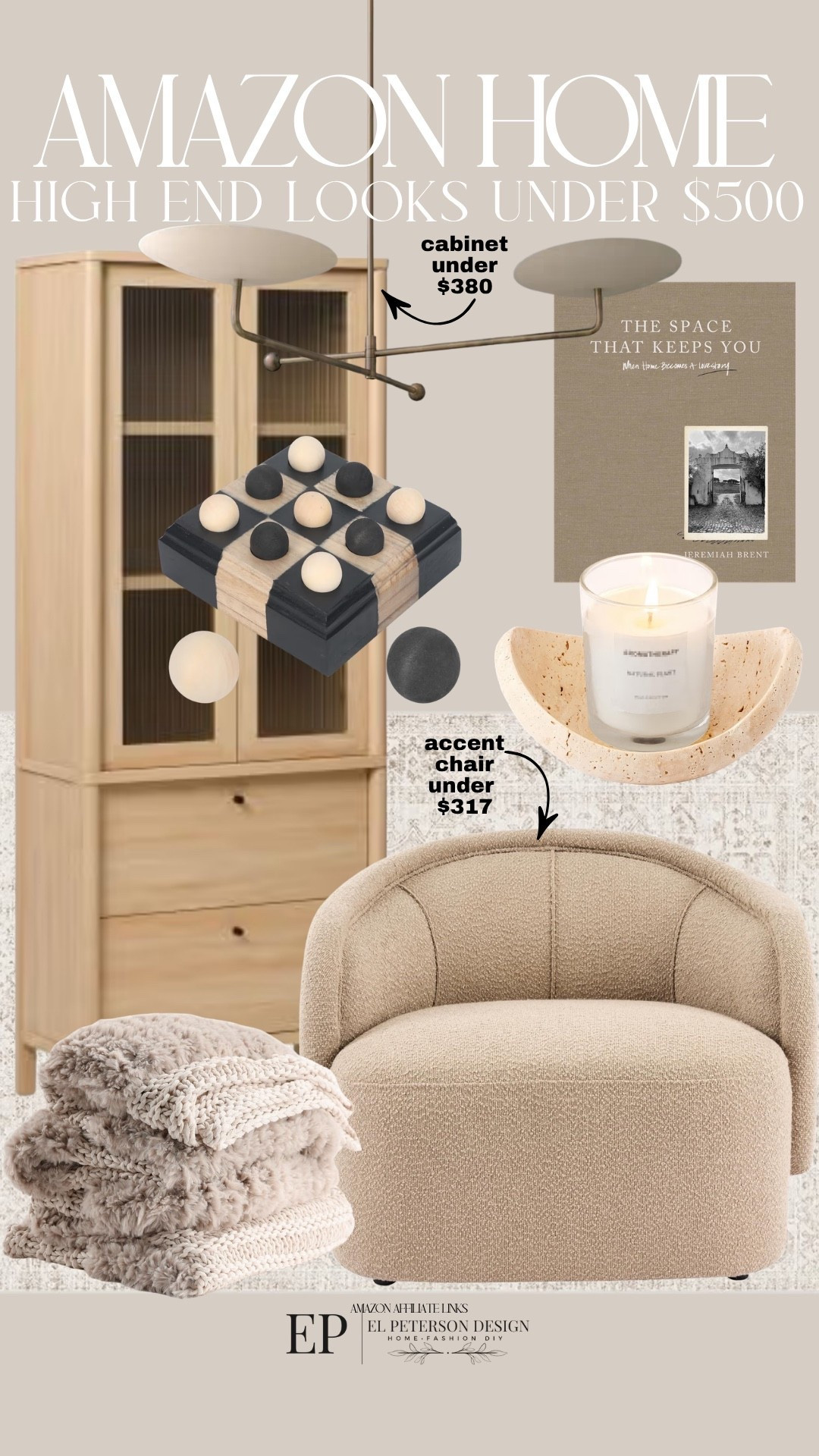 Amazon
Accent cabinet
Accent chair 
Pendant light
Blanket
Rug
Candle holder
Decorative book

#LTKHome
