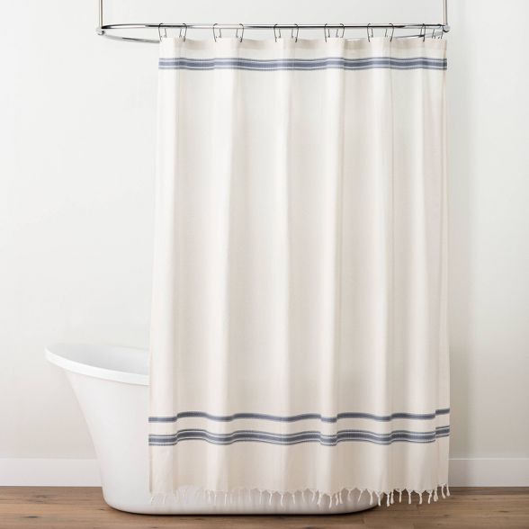 Embroidered Dobby Stripe Shower Curtain Sour Cream/Blue - Hearth & Hand™ with Magnolia | Target