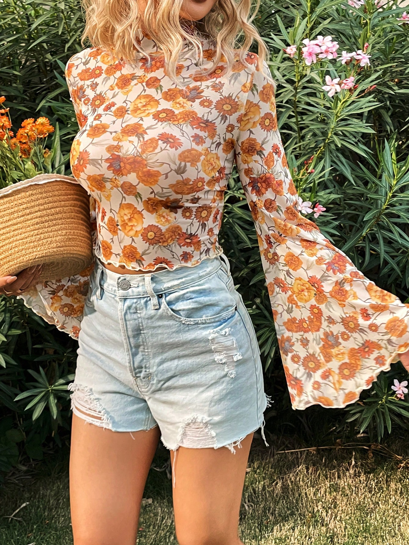 SHEIN WYWH Women's Stand Collar Floral Printed Bell Sleeve Top | SHEIN USA | SHEIN