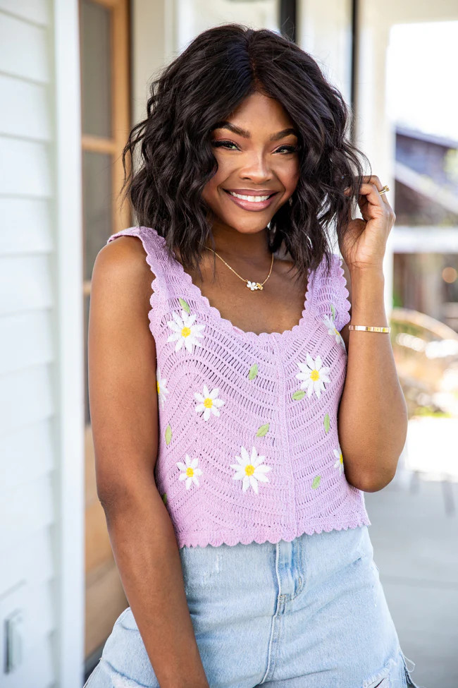 Fresh As A Daisy Lavender Daisy Applique Crochet Tank | Pink Lily
