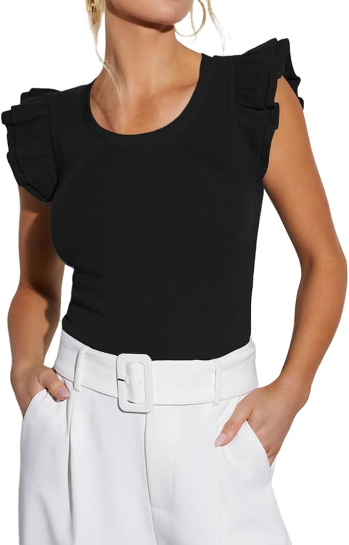 Women Summer Casual Tops 2025 Trendy Ruffle Short Sleeve Shirts Sexy Ribbed Slim Fitted Crewneck ... | Amazon (US)