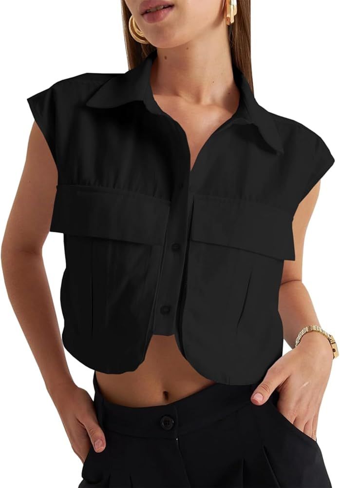 Tankaneo Womens Button Down Shirts Cute Summer Cap Sleeve Crop Tops Blouse | Amazon (US)