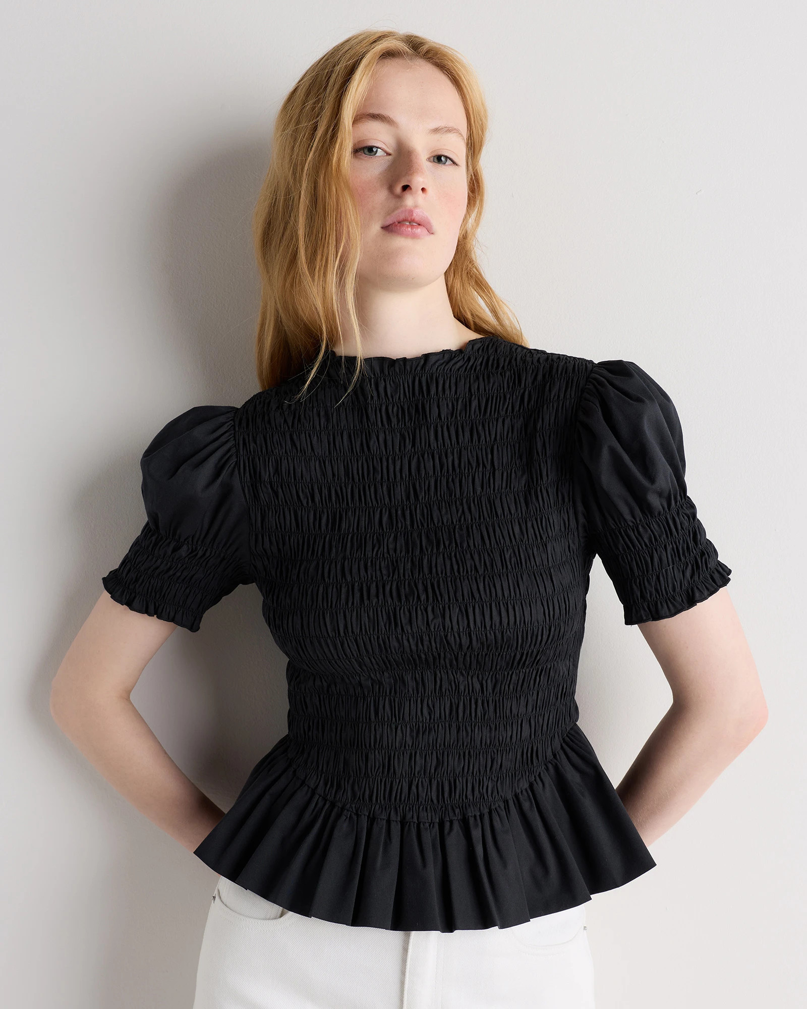 Quince | Women's Cotton Viscose Voile Smocked Peplum Top in Classic Mini Gingham, Size Large | Quince
