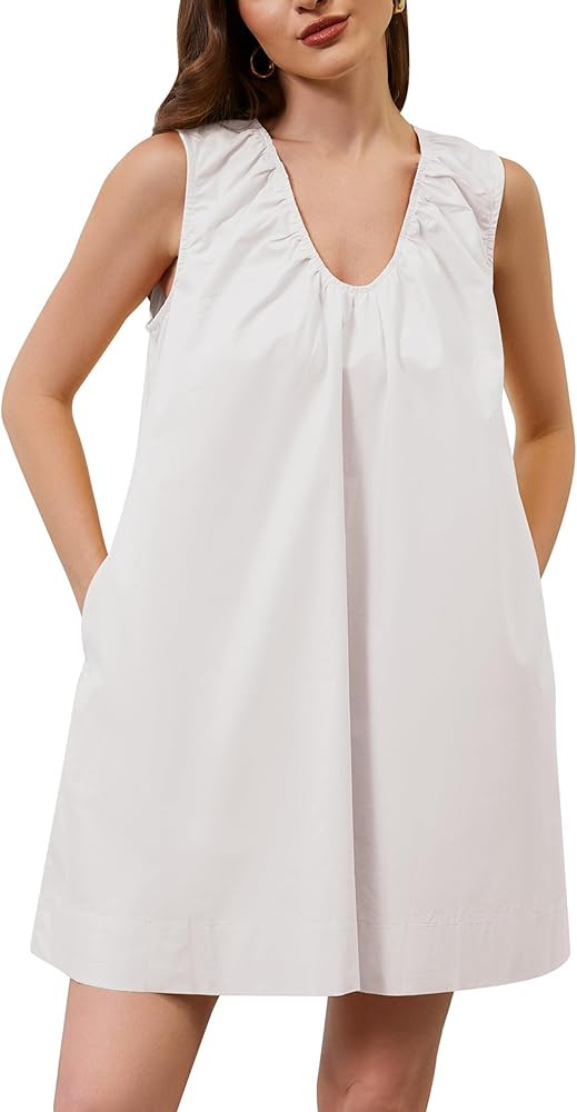 Livtany Women's Scoop Neck Babydoll Cute Mini Dress Flowy Sleeveless Short Dress Ruched Loose Fit... | Amazon (US)