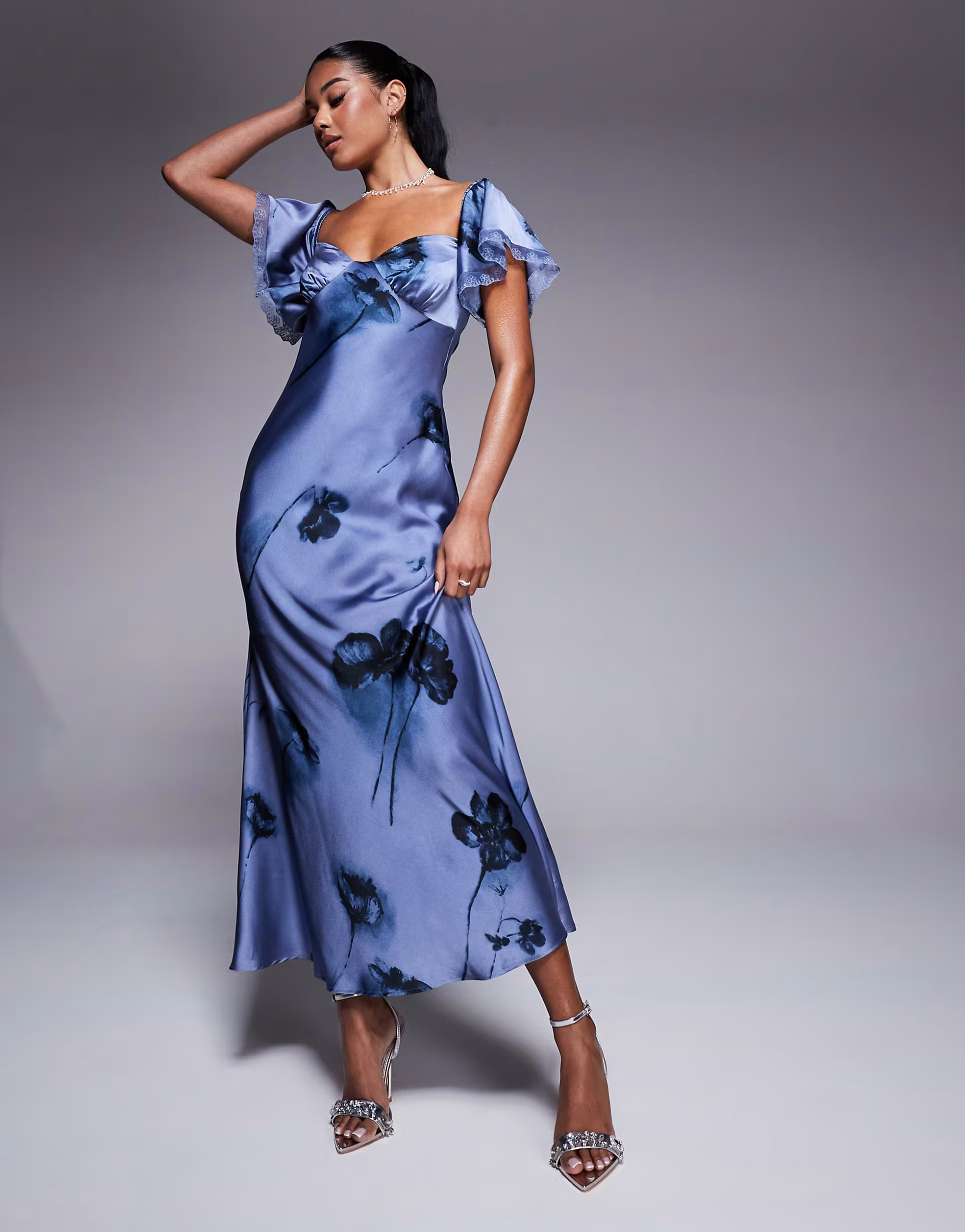 ASOS DESIGN bardot midi dress with lace inserts in floral print | ASOS (Global)