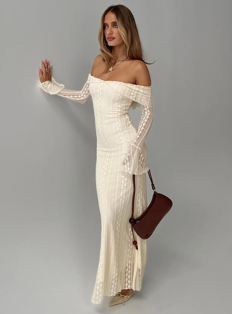 Perdita Long Sleeve Lace Maxi Dress Cream | Princess Polly US