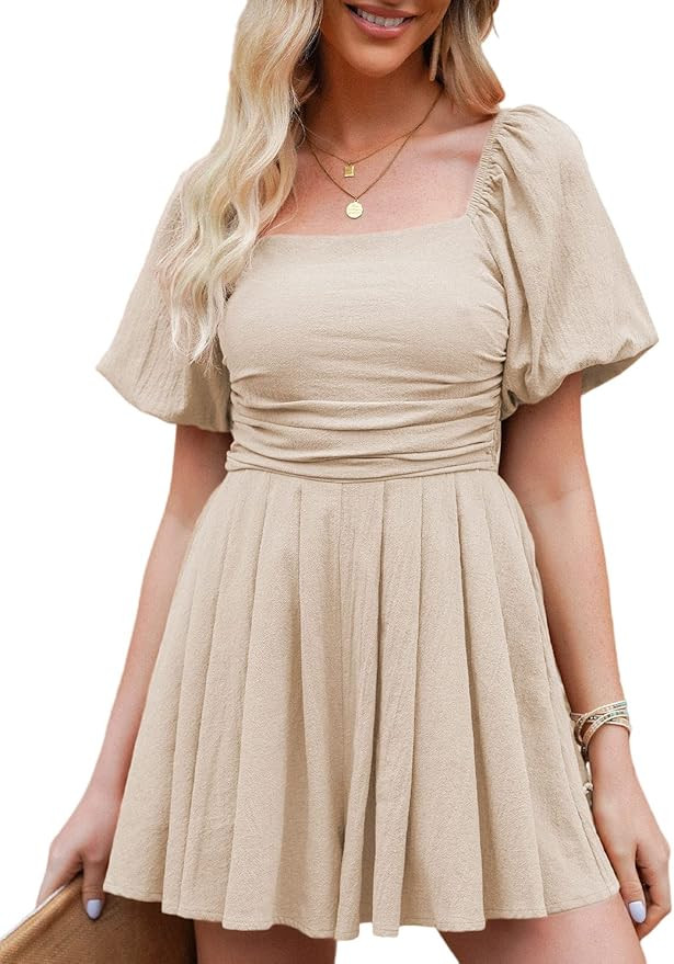 AlvaQ Women's Rompers Cute Puff Sleeve Summer Square Neck Casual Short Smocked Romper Jumpsuits | Amazon (US)