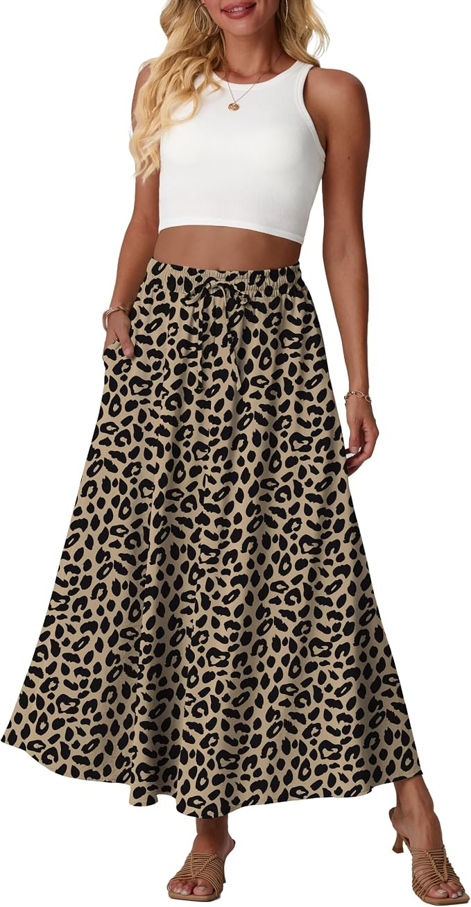 Women's A-Line Maxi Skirt with Pockets Boho Flowy Style | Adjustable drawstring waist, deep side ... | Amazon (US)