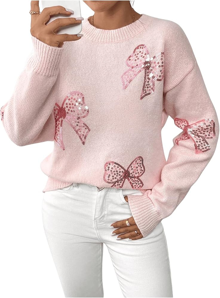 MakeMeChic Women's Crew Neck Sweater Bow Knot Sequin Long Sleeve Drop Shoulder Knit Top | Amazon (US)